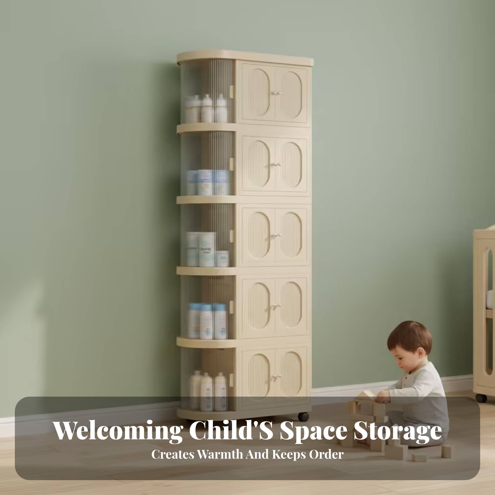 Baby Nursery Shelf - 5-Tier Baby Cabinet Warm Beige Rolling