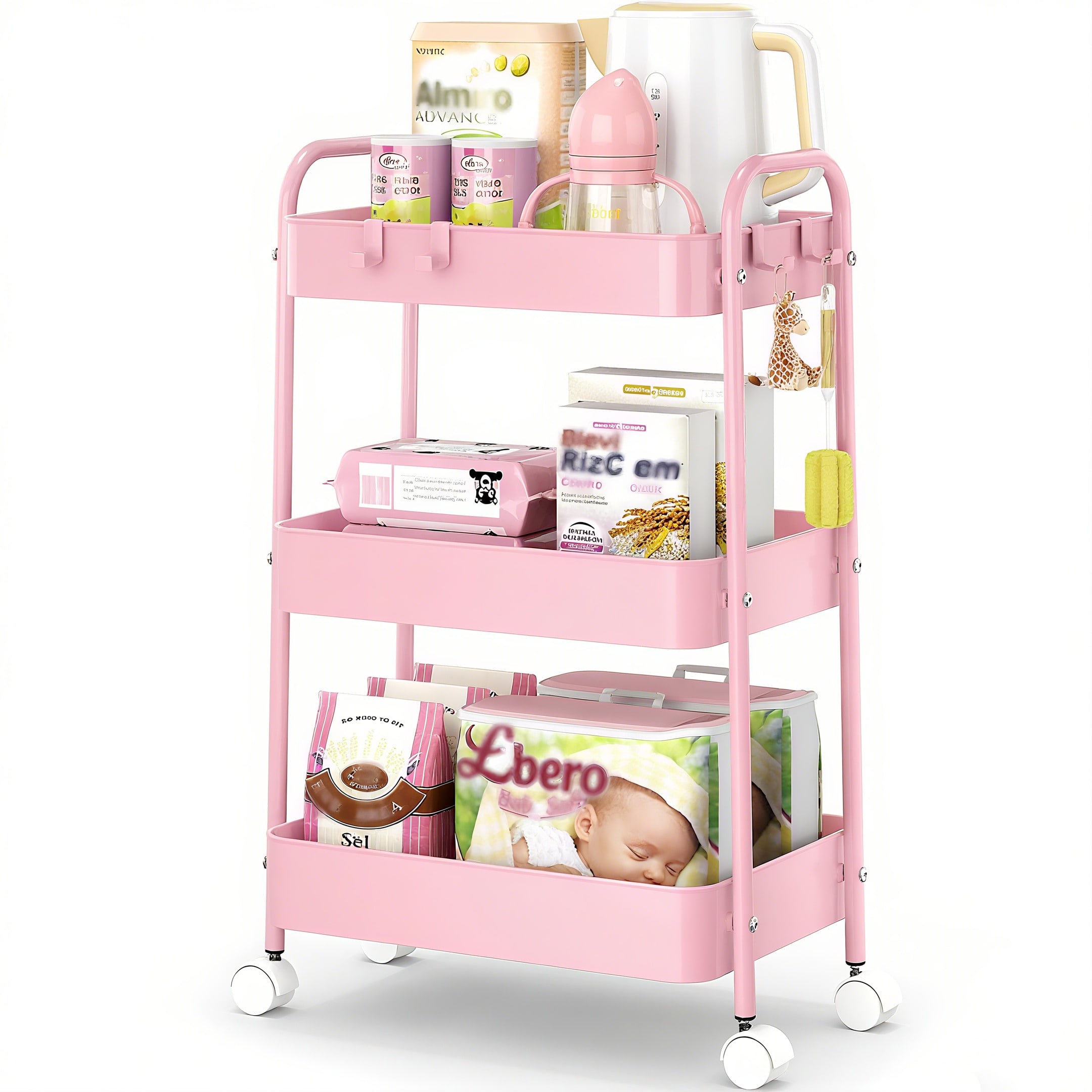 Baby Nursery Storage - 3 Tier Metal Rolling Cart With