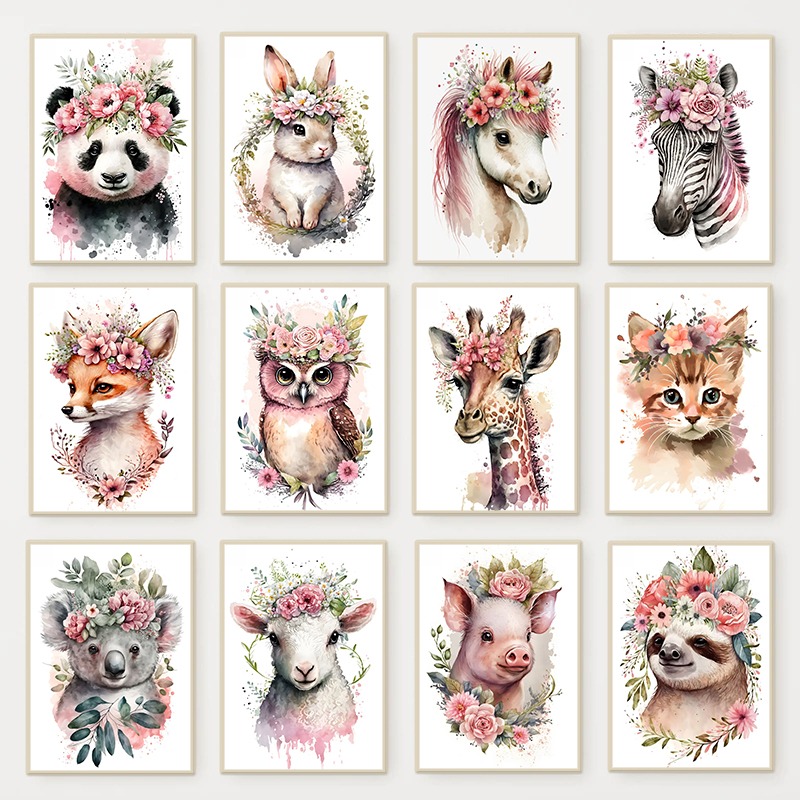 Baby Nursery Animal Prints - Watercolor Cute Baby Animals with Flowers