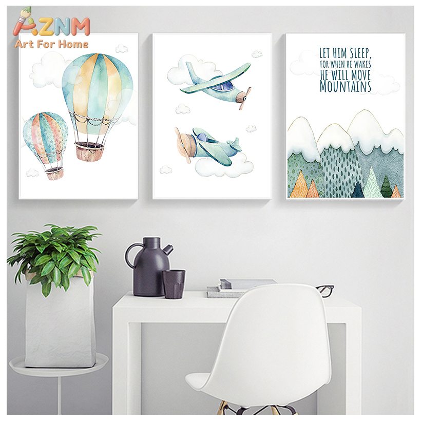 Baby Boy Nursery Quotes - AZNM Watercolor Airplane Hot Air Balloon