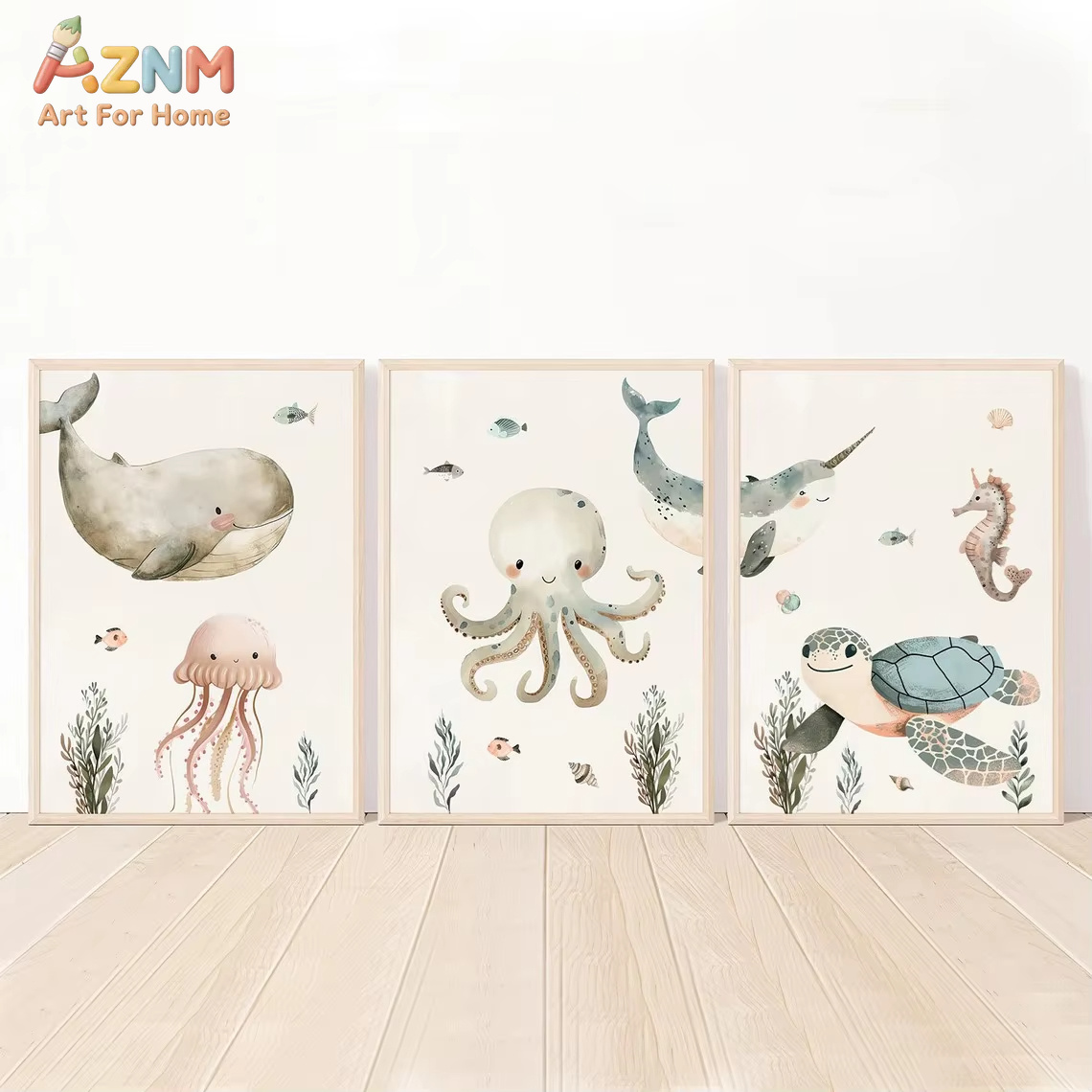 AZNM Watercolor Cute Ocean Ani - Baby Nursery Animal Prints 评论和价格