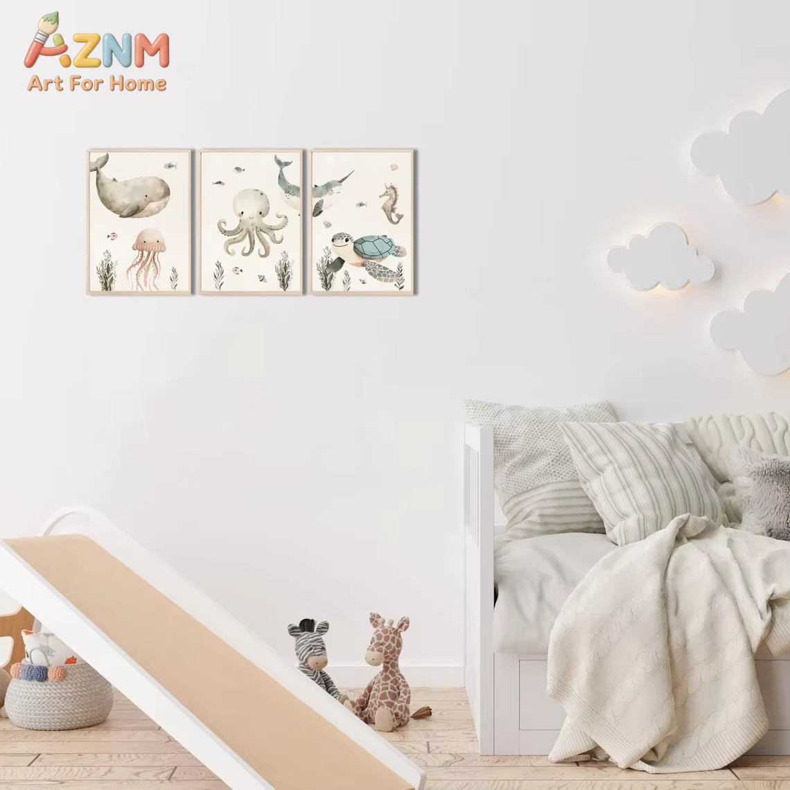 AZNM Watercolor Cute Ocean Ani - Baby Nursery Animal Prints 评论和价格