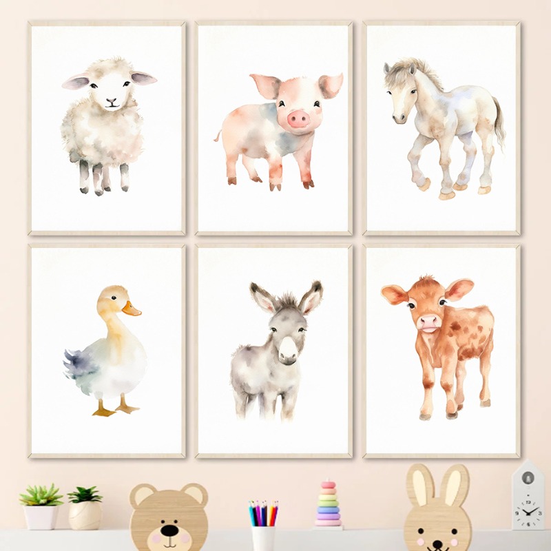 Watercolor Farm Animals Baby H - Baby Nursery Animal Prints 评论和价格