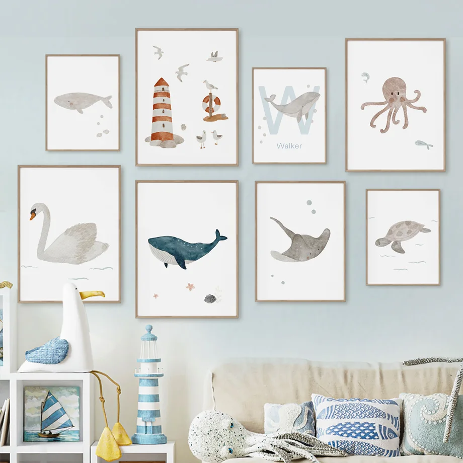 Name Whale Octopus Turtle Swan - Baby Nursery Animal Prints 评论和价格