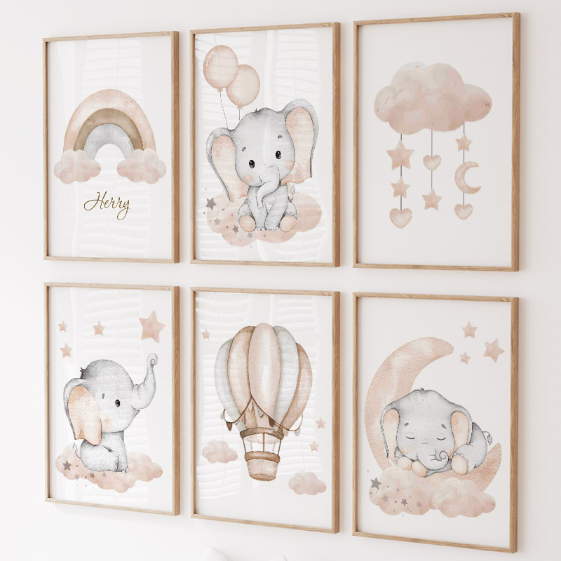 Cute Elephant Hot Balloon Moon - Baby Nursery Animal Prints 评论和价格